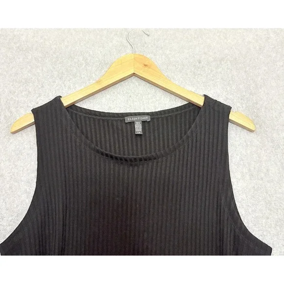 EILEEN FISHER Dress Size Large Kaftan Tunic Black Ribbed Knit High Side Slits - Picture 3 of 7